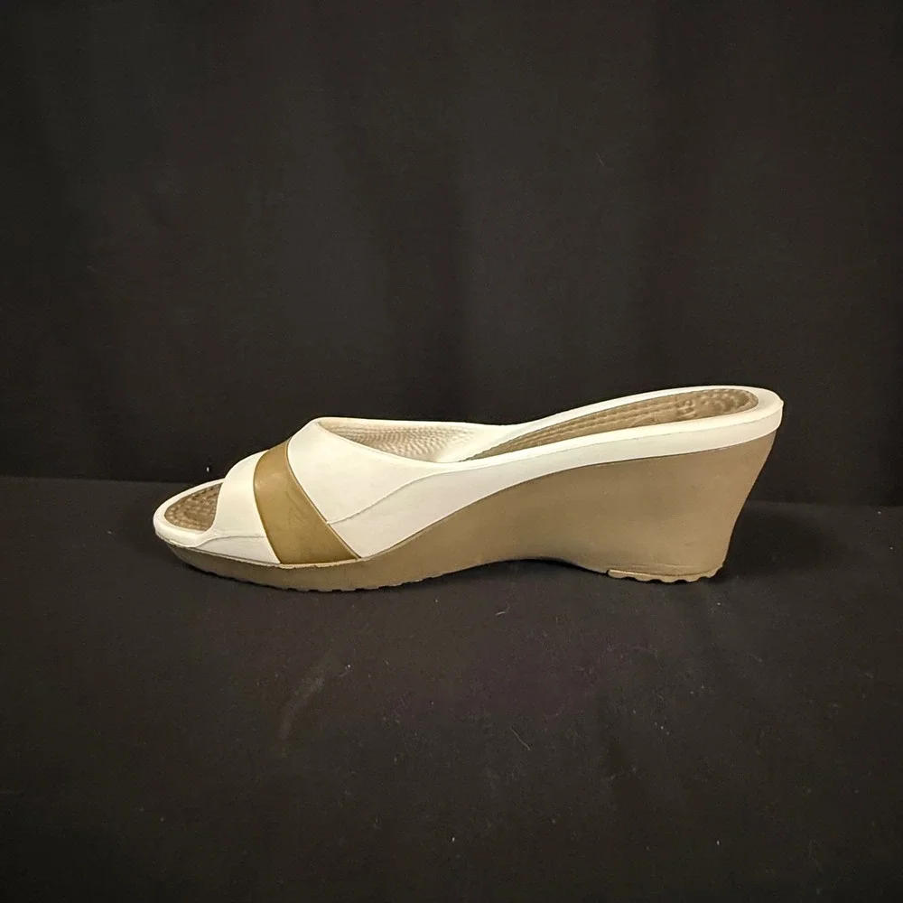 Crocs Sassari Wedge Slide Sandals Slip On Mules Heels White Tan Khaki Womens 10